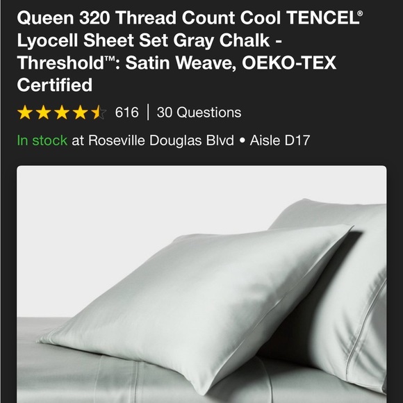NWT Queen 320 Thread Count Cool TENCEL
Lyocell Sheet Set Gray Chalk - Threshold - Picture 5 of 5